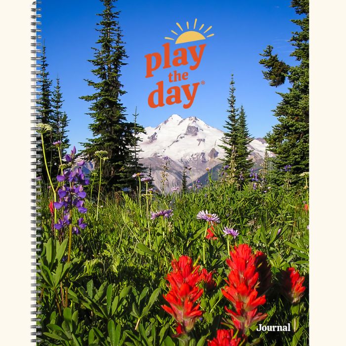 8.5 x 11 Play the Day® recycled paper journal cover with Glacier Peak and colorful wildflowers