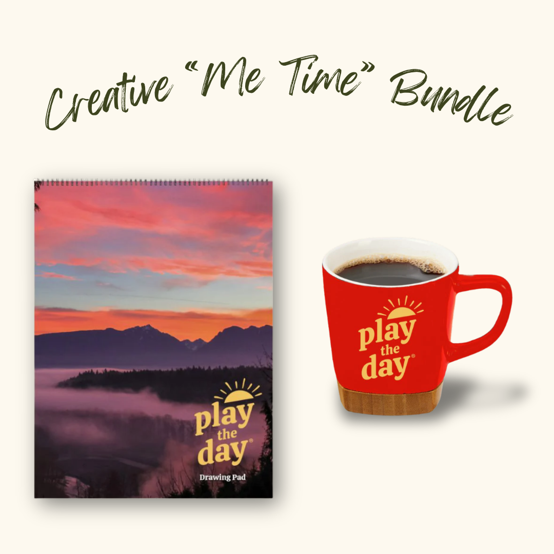 Play the Day® Creative “Me Time” Bundle with Winter Sunrise Skykomish Valley recycled paper art pad and red mug with bamboo coaster.