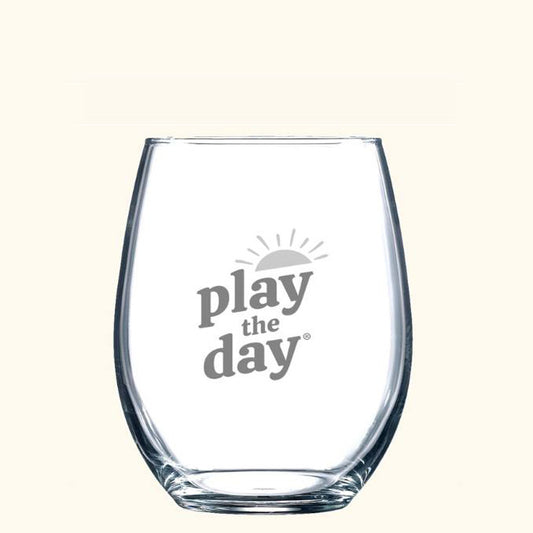 9 oz stemless wine glass with etched Play the Day® logo, part of a set of two