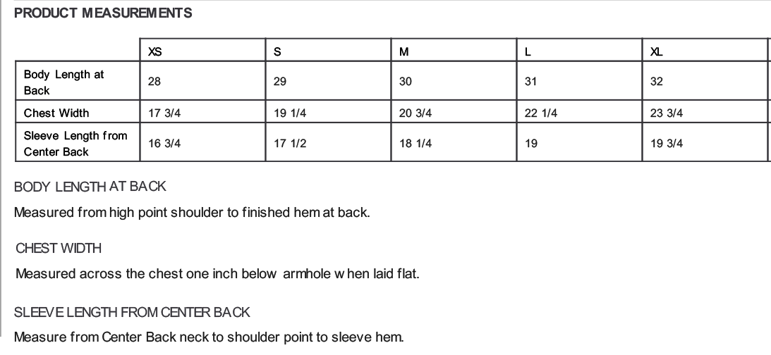 Unisex shirt size chart from XS to XL with body, chest, and sleeve measurements for Play the Day® apparel