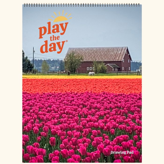 9 x 12 Play the Day® art pad cover featuring colorful tulip fields and a red barn in Skagit Valley