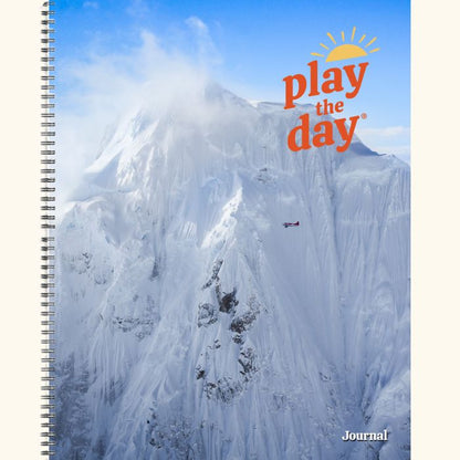 8.5 x 11 Play the Day® recycled paper journal cover showing a scenic flight near Denali in the Alaska Range