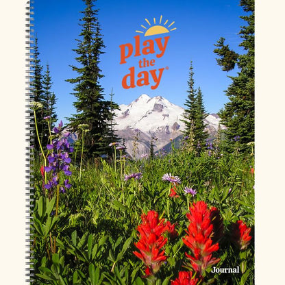 8.5 x 11 Play the Day® recycled paper journal cover with Glacier Peak and colorful wildflowers