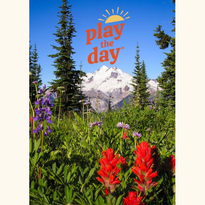 Play the Day® notecard featuring Glacier Peak and vibrant wildflowers in the foreground