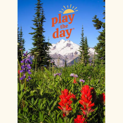 Play the Day® notecard featuring Glacier Peak and vibrant wildflowers in the foreground