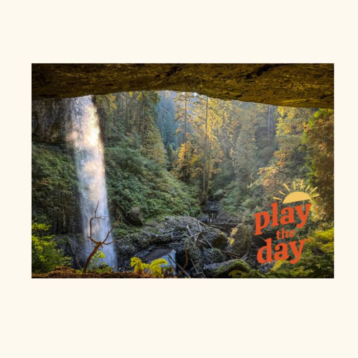 Play the Day® notecard featuring North Falls at Silver Falls State Park viewed from behind the waterfall