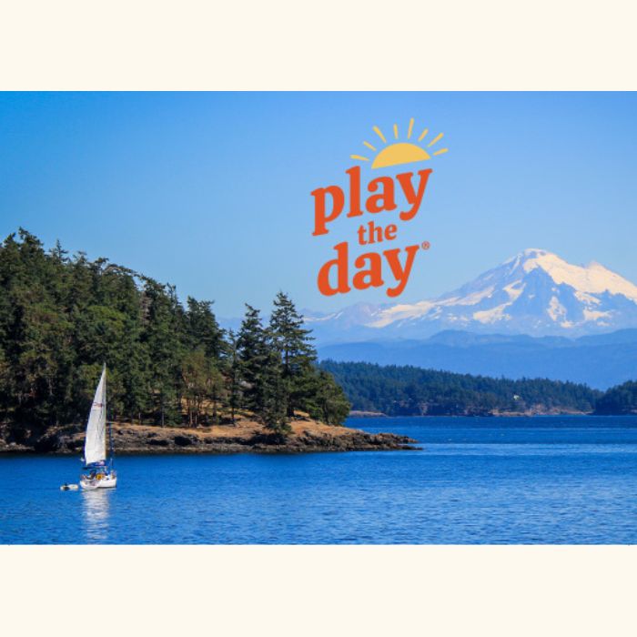 Play the Day® notecard featuring a sailboat near the San Juan Islands with Mt. Baker in the background
