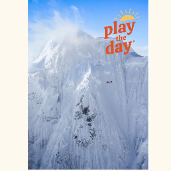 Play the Day® notecard featuring a plane flying past snow-covered peaks in the Alaska Range