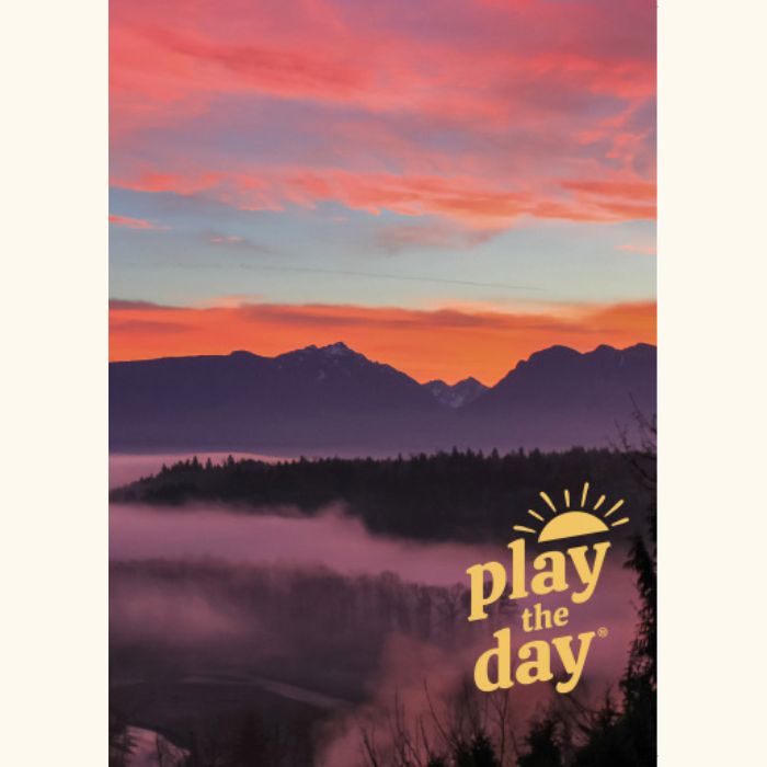 Set of Play the Day® notecards featuring a sunset over the Olympic Mountains and morning fog