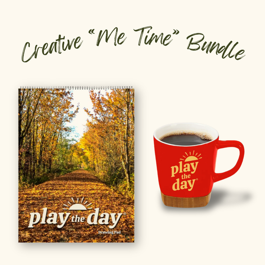 Play the Day® Creative “Me Time” Bundle with Fall Colors Snoqualmie Valley Trail recycled paper art pad and red mug with bamboo coaster.