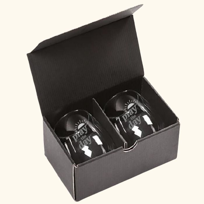 Set of two 8 oz Play the Day® glass tumblers with etched logo in black gift box
