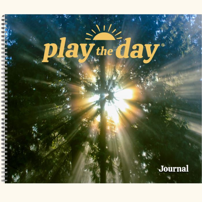 Play the Day® journal cover with golden sunlight streaming through cedar trees