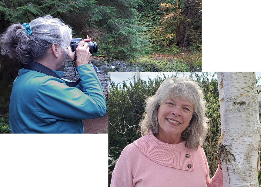 Stacey Dickinson, founder of Play the Day®, smiling in nature and photographing a forest stream