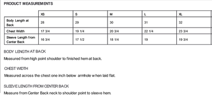 Unisex shirt size chart from XS to XL with body, chest, and sleeve measurements for Play the Day® apparel